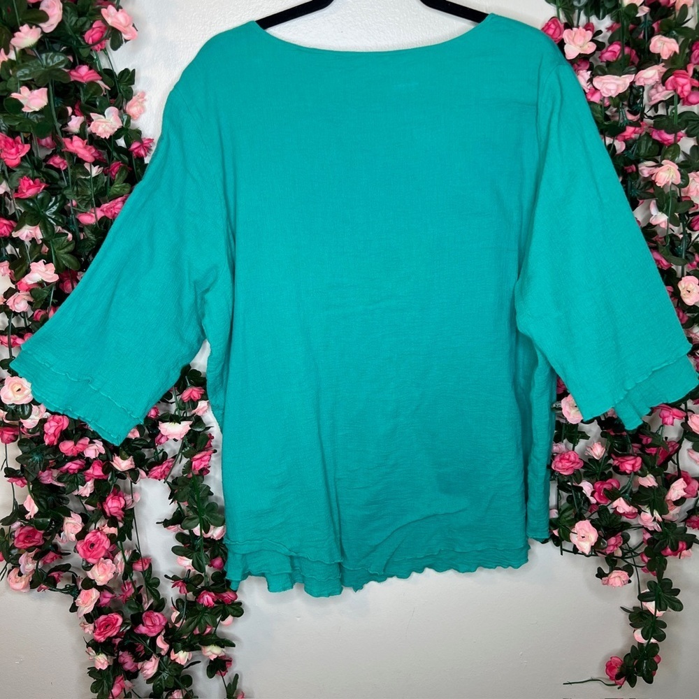 🌹 Soft Surroundings Top Womens 2X Teal Blue Long Sleeve Gauzy Layer 56612 - Picture 5 of 8